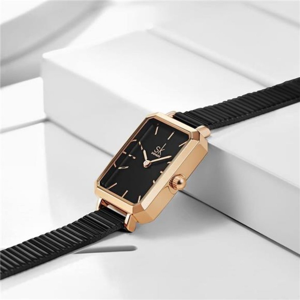 Unique Square Watch Women with Stainless Steel Mesh Band Genuine Leather Watch - Picture 4 of 6